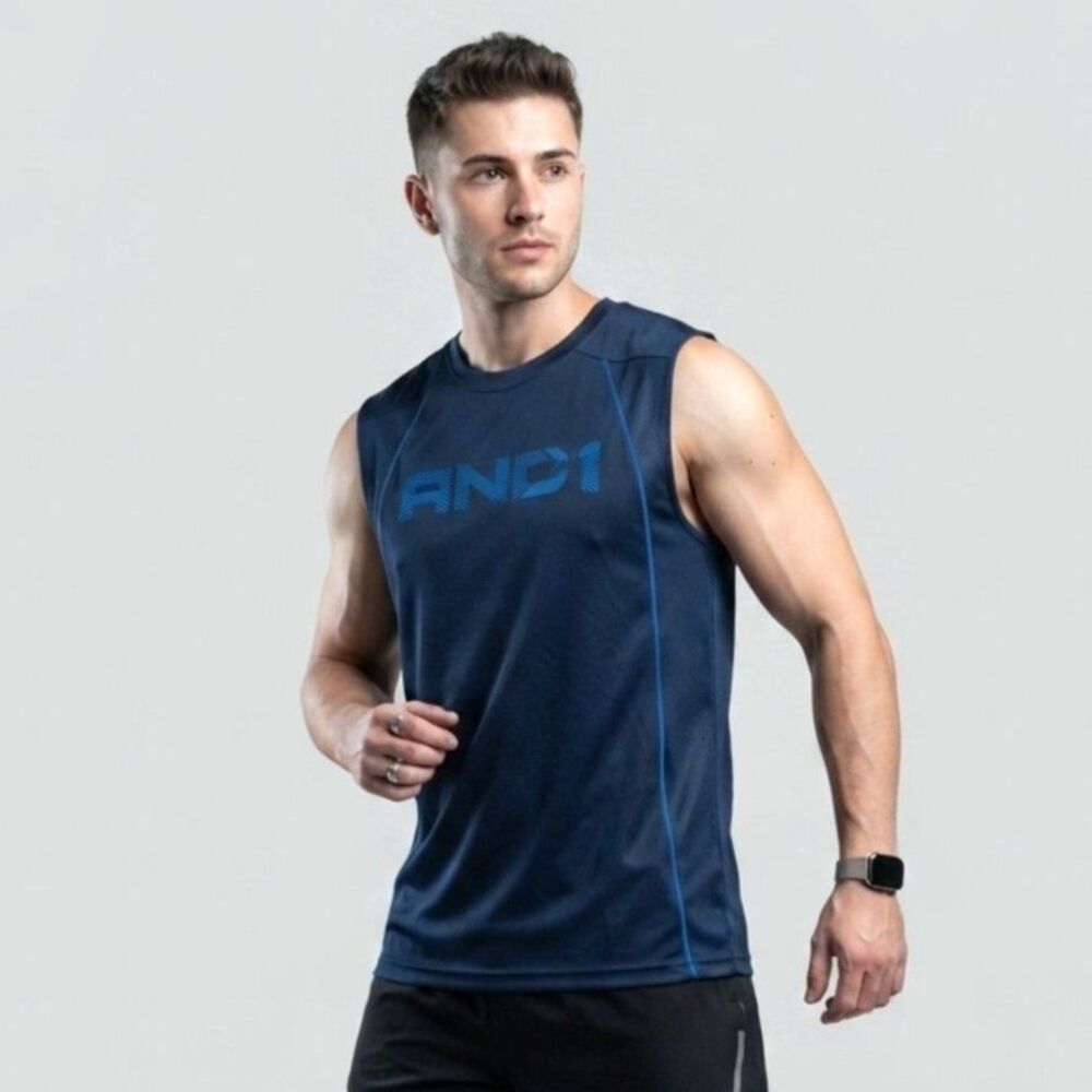 AND1 Mens Muscle Tank Performance Tee M Navy Moisture Wicking Athletic Gym NWT